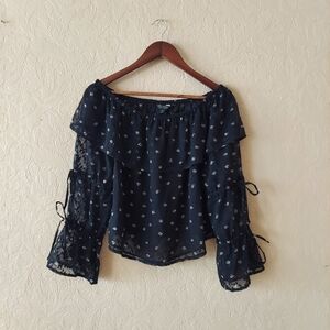 Miss Selfridge black floral sheer chiffon ruffle tie sleeve top Sz 4